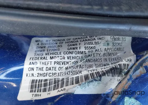 2017 Honda Civic Ex-T from USA, damaged, VIN 2HGFC3B37HH350504